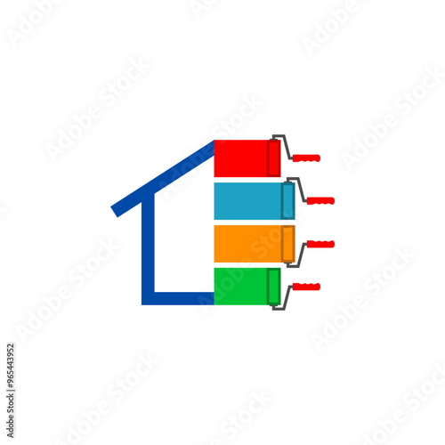 House painting. House logo with colored paint roller stripes. Vector illustration.