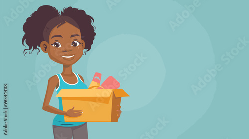 African American Girl Holding Donation Box with Second Hand Items for Charity and Humanitarian Aid