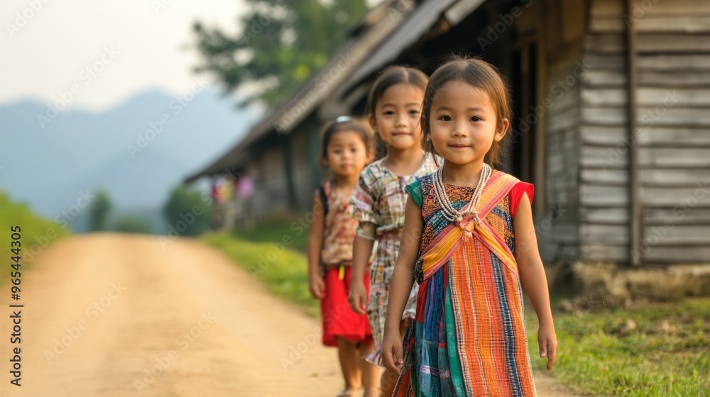Thai Hill Tribe Children Playing Outside Wooden Homes in Traditional Bright Clothing Thai Hill Tribe Children Playing Outside Wooden Homes in Traditional Bright Clothing