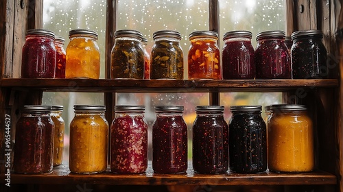 A farmhouse pantry with rows of glass jars filled with preserves, raindrops lightly spattering the window.