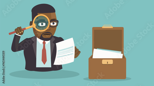 African American Secret Agent Searching Confidential Documents with Magnifying Glass and File Storage Box