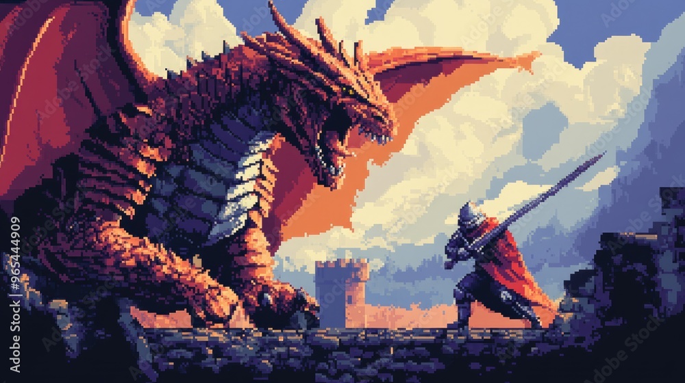 8-bit pixel art of a knight battling a dragon in a medieval setting ...