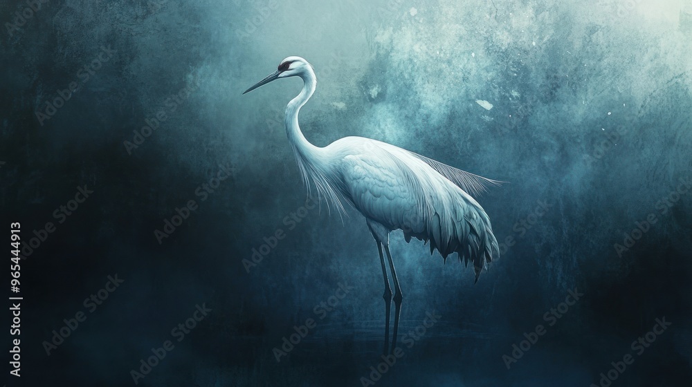 Fototapeta premium A Solitary White Crane Against a Dark Blue and White Background
