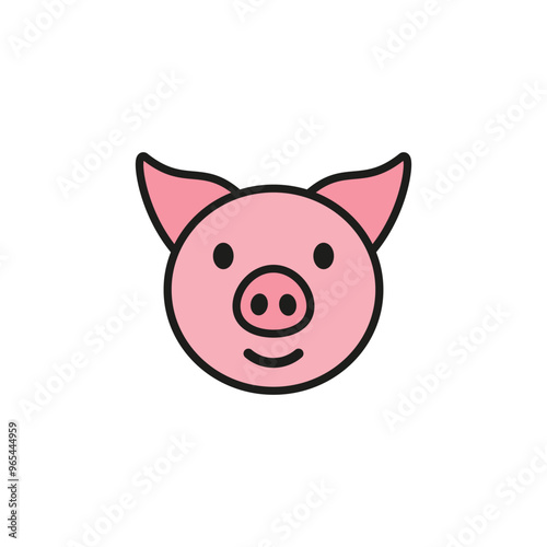 Smiling cheerful cute pink pig. Color vector on white background.