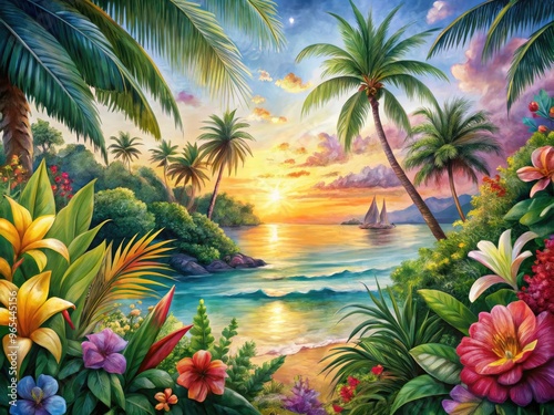 Vibrant, dreamy watercolor illustration of lush tropical foliage, exotic flowers, and palm trees swaying gently in a soft, serene, and idyllic oceanfront setting at sunset.