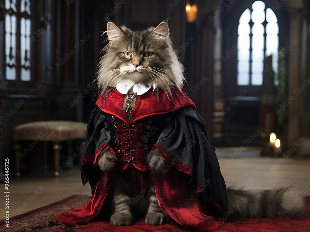 Norwegian Forest cat dressed as Count Dracula vampire ,AI generated Norwegian Forest cat dressed as Count Dracula vampire ,AI generated