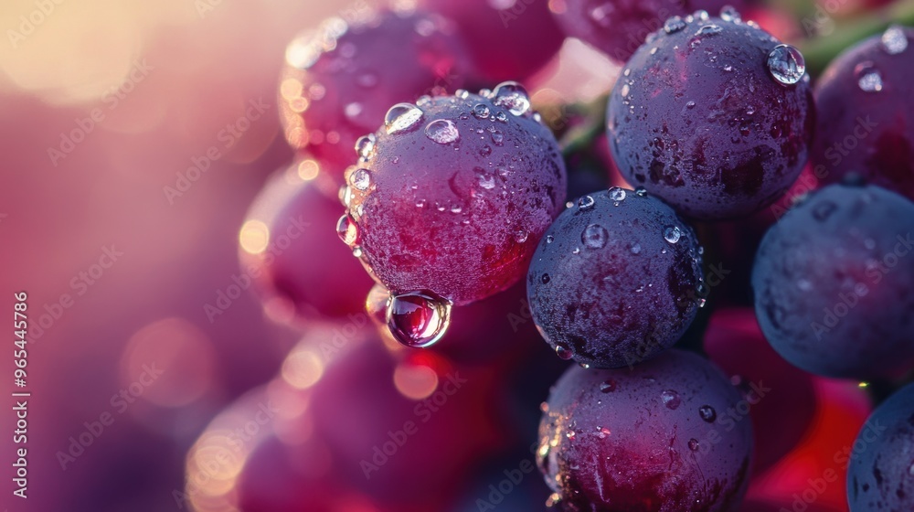 Detail shot of dewdrops on deep red grapes