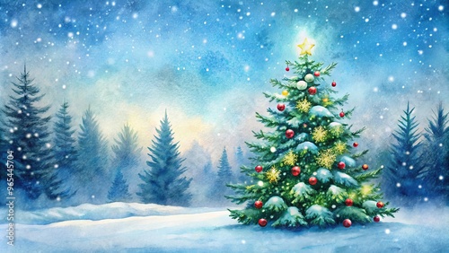 Watercolor painting of a festive Christmas tree in snowy landscape with red star, evergreen trees, and snowfall