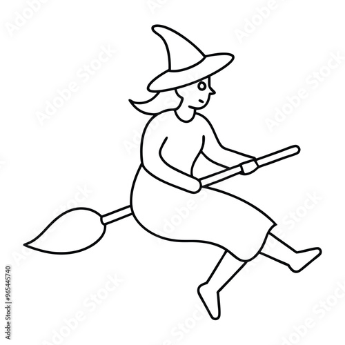 Vector Line Art of a Witch on Broomstick.