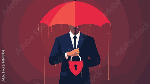 Antivirus Security Concept: Handsome Businessman Holding Safety Umbrella and Shield with Lock, Protecting Sensitive Data