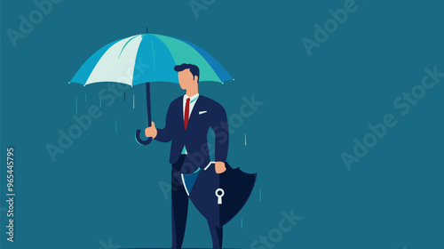 Antivirus Security Concept: Handsome Businessman Holding Safety Umbrella and Shield with Lock, Protecting Sensitive Data