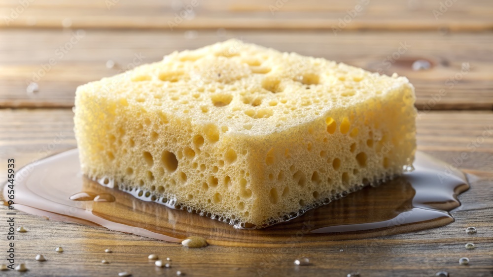 A small, soft, pale yellow sponge with a distinctive shape, covered in tiny pores, sitting on a worn wooden scrubbing board amidst soap suds and water droplets. A small, soft, pale yellow sponge with a distinctive shape, covered in tiny pores, sitting on a worn wooden scrubbing board amidst soap suds and water droplets.