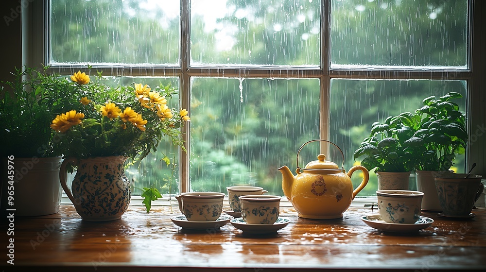 A peaceful tea setup on a farmhouse table with vintage teapot and cups, rain trickling down the large window. The soft, natural light from the rainy day fills the kitchen, creating a cozy, A peaceful tea setup on a farmhouse table with vintage teapot and cups, rain trickling down the large window. The soft, natural light from the rainy day fills the kitchen, creating a cozy,