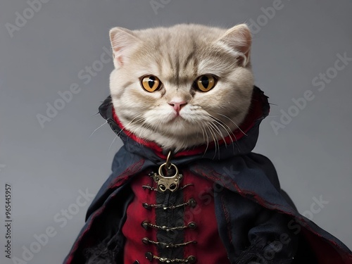 Scottish Fold cat dressed as Count Dracula vampire ,AI generated