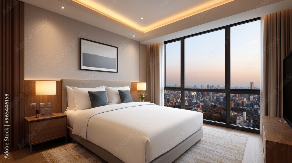 Modern Luxury Hotel Suite with City View, Reflective Surfaces, and Detailed Lighting - with Ray Tracing in Modern Luxury Hotel Suite with City View, Reflective Surfaces, and Detailed Lighting - with Ray Tracing in