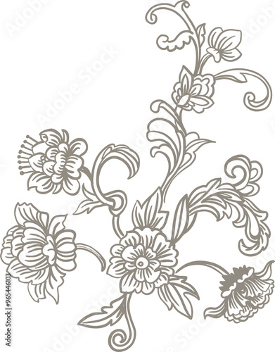 Asian style bouquet. Fantasy linear plants on white background, stylization of Chinese, Japanese, Korean ornament. Vintage theme digital illustration for branding, posters, invitations