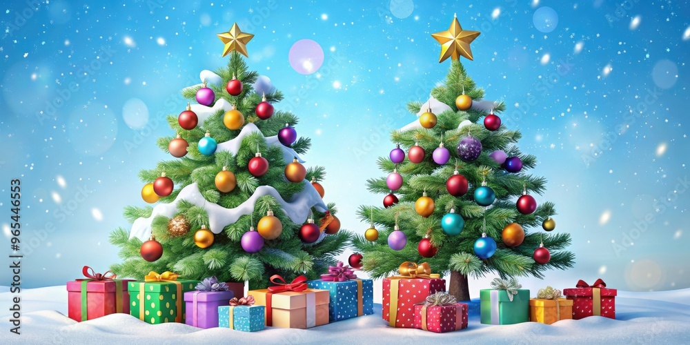 Fototapeta premium Vibrant festive holiday illustration featuring a cheerfully decorated Christmas tree, wrapped gifts, and colorful ornaments against a soft snowy white background.