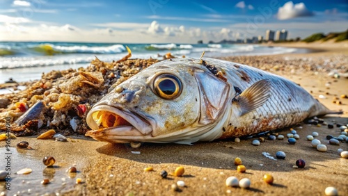 A rotting, maggot-infested fish lies on the beach, its once-supple scales now dry and cracked, emitting a noxious odor that attracts flies and scavengers. photo