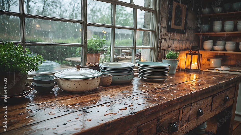 A rustic farmhouse kitchen table with raindrops softly reflecting on its wooden surface, vintage dishware neatly arranged, and warm ambient lighting from a nearby lantern. A rustic farmhouse kitchen table with raindrops softly reflecting on its wooden surface, vintage dishware neatly arranged, and warm ambient lighting from a nearby lantern.