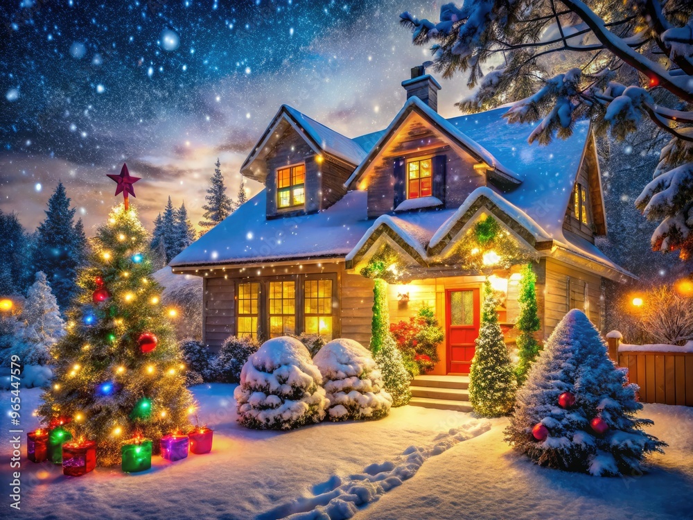 Vibrant festive scene featuring a warmly lit snow-covered house, adorned with colorful lights, wreaths, and garlands, surrounded by snowflakes gently falling on a winter evening. Vibrant festive scene featuring a warmly lit snow-covered house, adorned with colorful lights, wreaths, and garlands, surrounded by snowflakes gently falling on a winter evening.