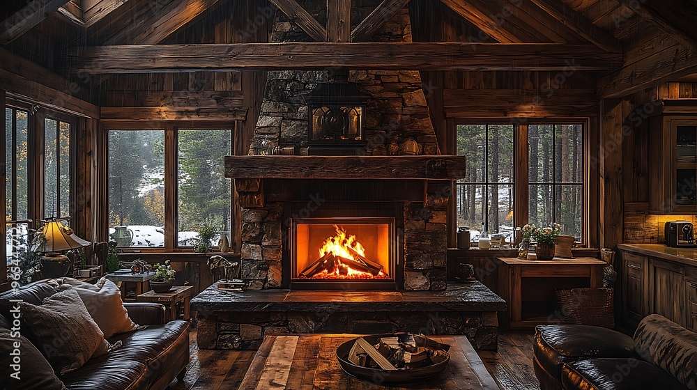 A rustic farmhouse kitchen with a warm fire crackling in a stone hearth, soft glow illuminating the room, while rain taps on a window, creating a cozy and serene atmosphere. Wooden beams, A rustic farmhouse kitchen with a warm fire crackling in a stone hearth, soft glow illuminating the room, while rain taps on a window, creating a cozy and serene atmosphere. Wooden beams,