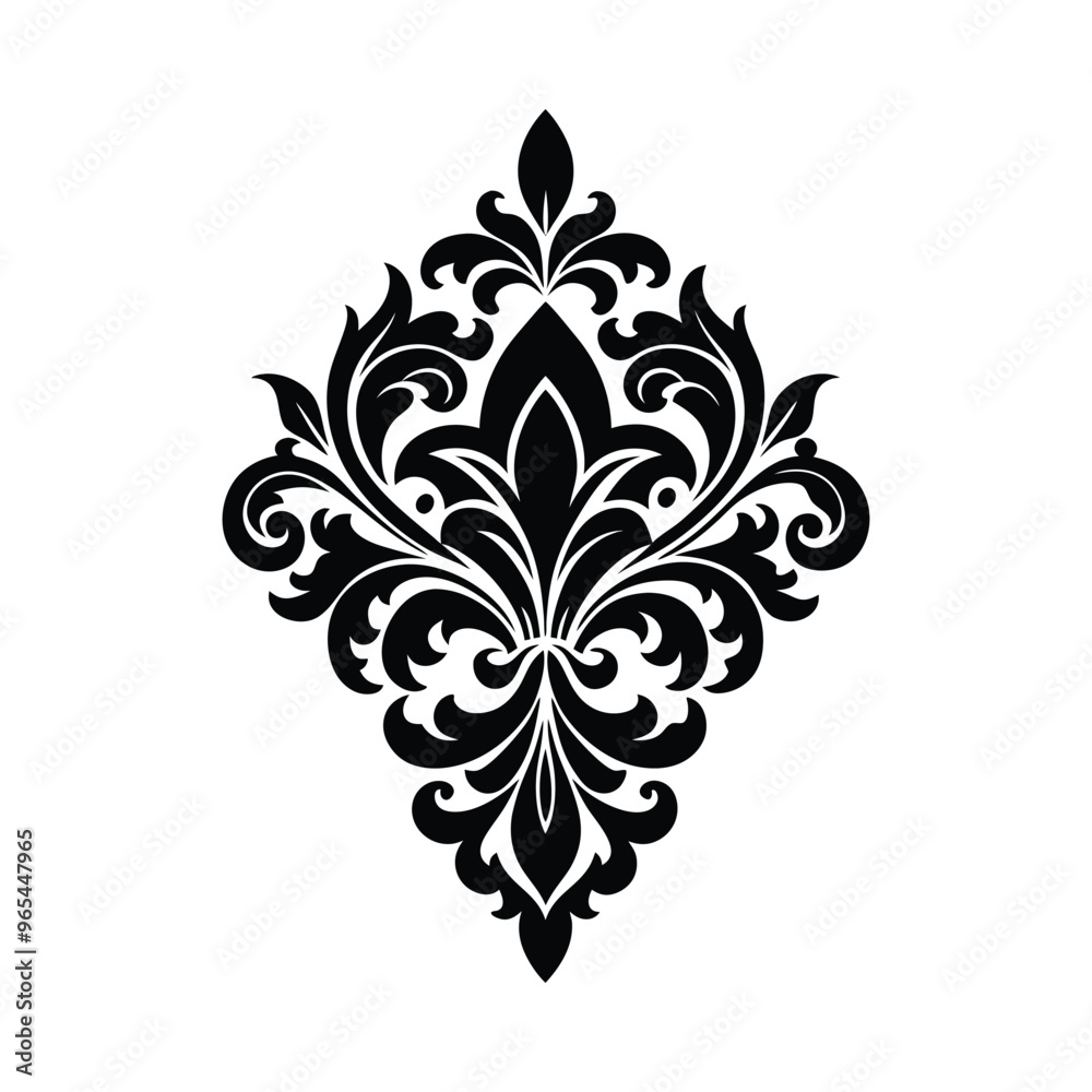 Timeless elegance. Silhouette of damask ornamental design on a pristine white background. Timeless elegance. Silhouette of damask ornamental design on a pristine white background.