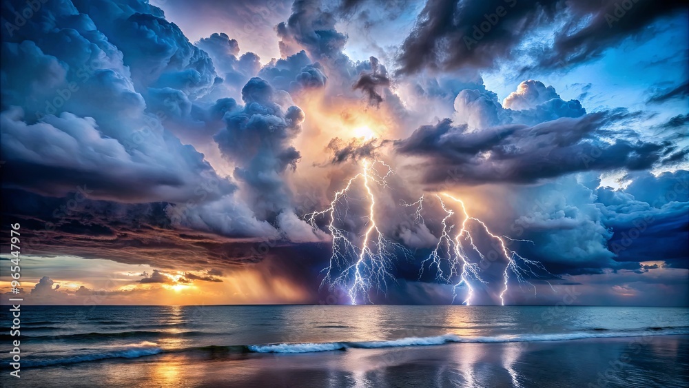 A dramatic storm brewing over the ocean with lightning bolts in the sky A dramatic storm brewing over the ocean with lightning bolts in the sky