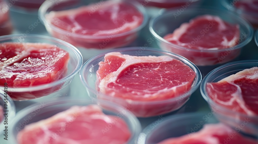 A close-up of lab-grown meat in petri dishes, representing the innovation of growing sustainable meat in the lab