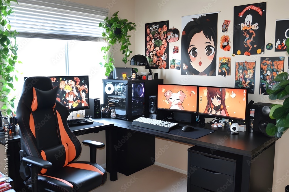 Modern anime-themed gaming setup with triple monitors and gaming chair Modern anime-themed gaming setup with triple monitors and gaming chair