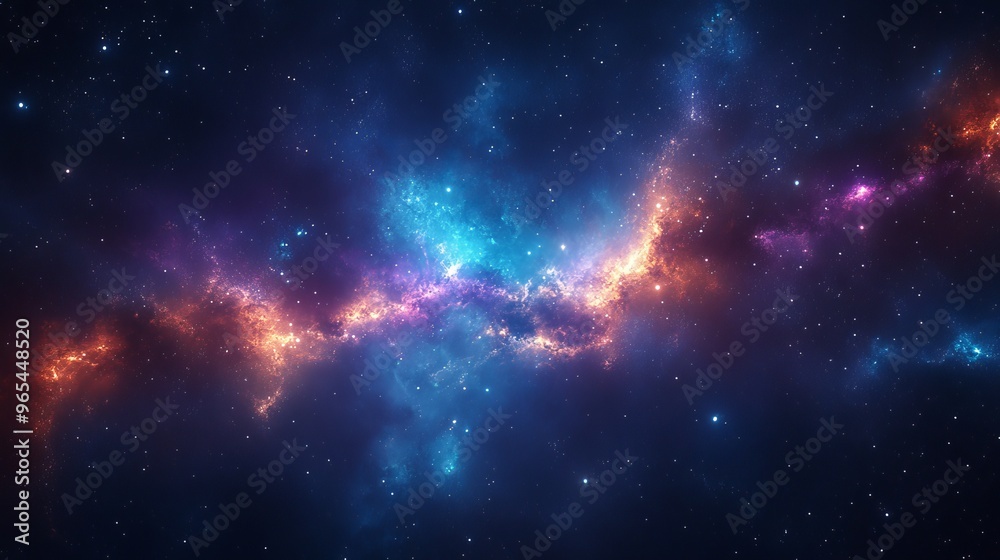 Naklejka premium Vibrant cosmic nebula displaying colorful gases and stars in deep space