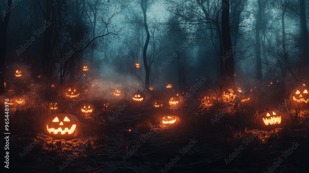 A dark forest illuminated by jack-o'-lanterns with ghostly figures appearing through the fog, creating a haunting atmosphere A dark forest illuminated by jack-o'-lanterns with ghostly figures appearing through the fog, creating a haunting atmosphere