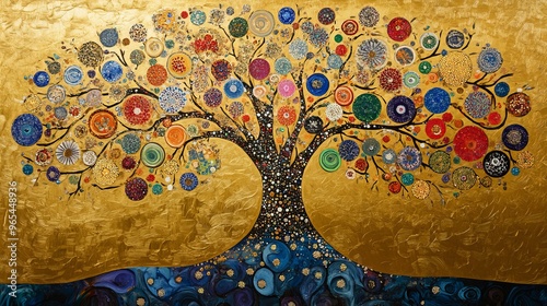 Colorful tree of life mural with vibrant circular patterns on golden background