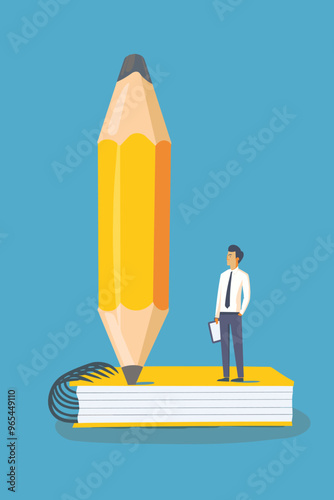 Businessman Weighing Pros and Cons with Giant Pencil and Notebook for Important Decision