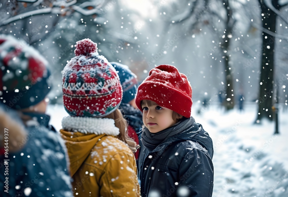 A small child in a red winter hat stands next to his friends, surrounded by a snowy landscape A small child in a red winter hat stands next to his friends, surrounded by a snowy landscape