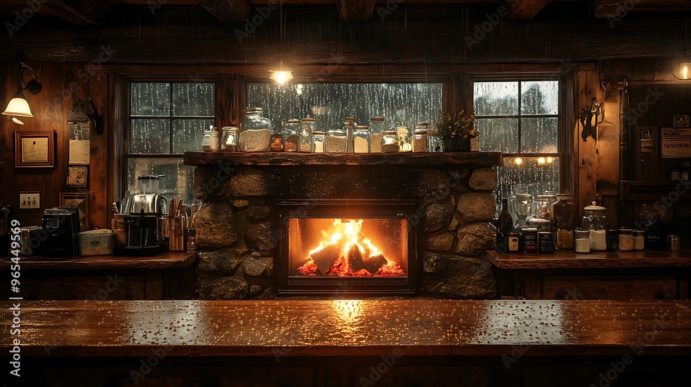 A rustic kitchen with a glowing fire in the stone hearth, wooden beams, raindrops visible through the window, creating a cozy atmosphere. Warm light from the fire illuminates the rain-streaked glass,