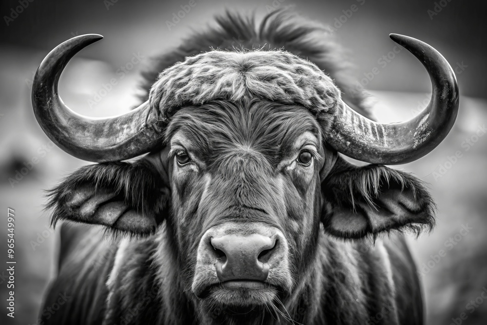 Giant horns sway regally above a shaggy coat, the buffalo's stern face a testament to the harsh beauty of the American wilderness frontier. Giant horns sway regally above a shaggy coat, the buffalo's stern face a testament to the harsh beauty of the American wilderness frontier.