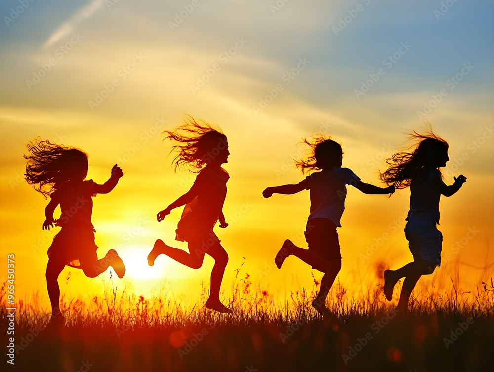 Joyful Silhouetted Children Running in Sunset Field, Vibrant Golden Hues Creating Playful Atmosphere, Capturing Childhood Adventure, Freedom, and Nostalgia with Dynamic Hair Motion and Elongated Joyful Silhouetted Children Running in Sunset Field, Vibrant Golden Hues Creating Playful Atmosphere, Capturing Childhood Adventure, Freedom, and Nostalgia with Dynamic Hair Motion and Elongated