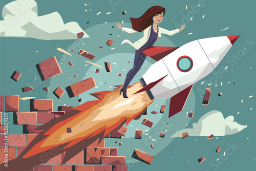 Businesswoman breaks through brick wall on rocket, overcoming obstacles and solving problems for new startup development