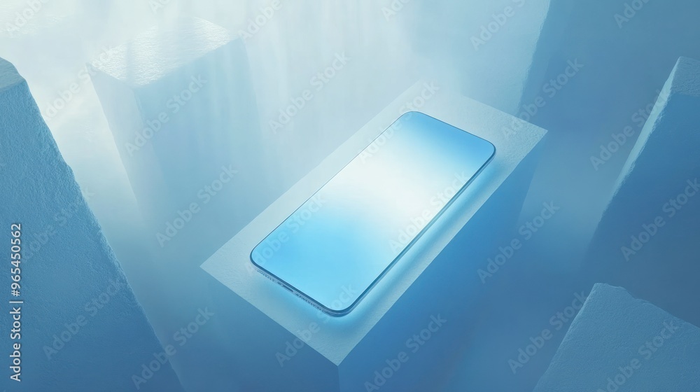 A Modern Smartphone Displayed on a Blue Platform A Modern Smartphone Displayed on a Blue Platform