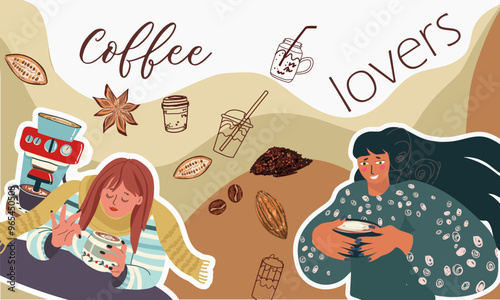Collage coffee lovers, people characters, coffee supplies, background, template, web design, Inspiration, idea, trendy style. Background, template, banner. Hand drawn vector illustration.