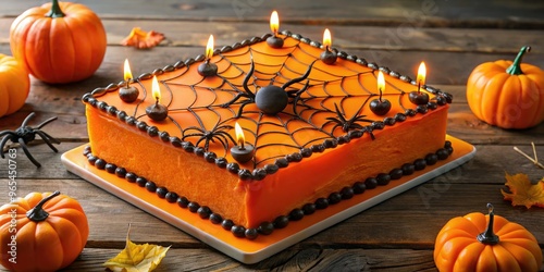 Vibrant orange and black sheet cake with spider web design, jack-o'-lantern candles, and festive Halloween decorations, perfect for a spooky birthday celebration.