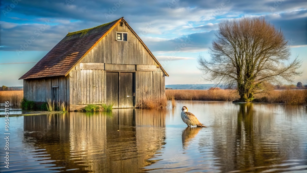 Flooded fields surround a rustic barn on a UK farm, debris-laden waters lap at the doorstep, while a lone owl surveys the destruction. Flooded fields surround a rustic barn on a UK farm, debris-laden waters lap at the doorstep, while a lone owl surveys the destruction.