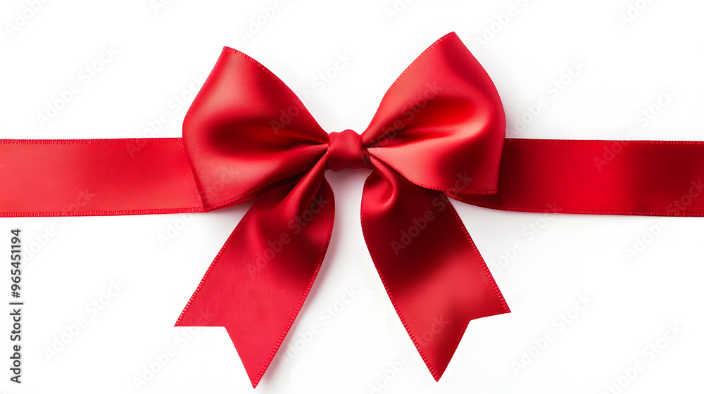 Fototapeta premium Realistic decorative red bow with horizontal red ribbons isolated on white. Element for decoration gifts