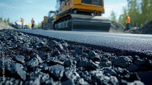 Fototapeta Naklejka Na Ścianę i Meble -  Fresh asphalt in a pile at a construction site, with road repair machinery and workers visible in the background, ready to start the next phase