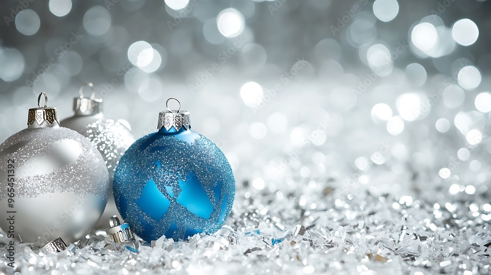 Shimmering Silver Christmas Background with Blue and White Ornaments, Featuring Space for Custom Holiday Messages or Invitations Shimmering Silver Christmas Background with Blue and White Ornaments, Featuring Space for Custom Holiday Messages or Invitations