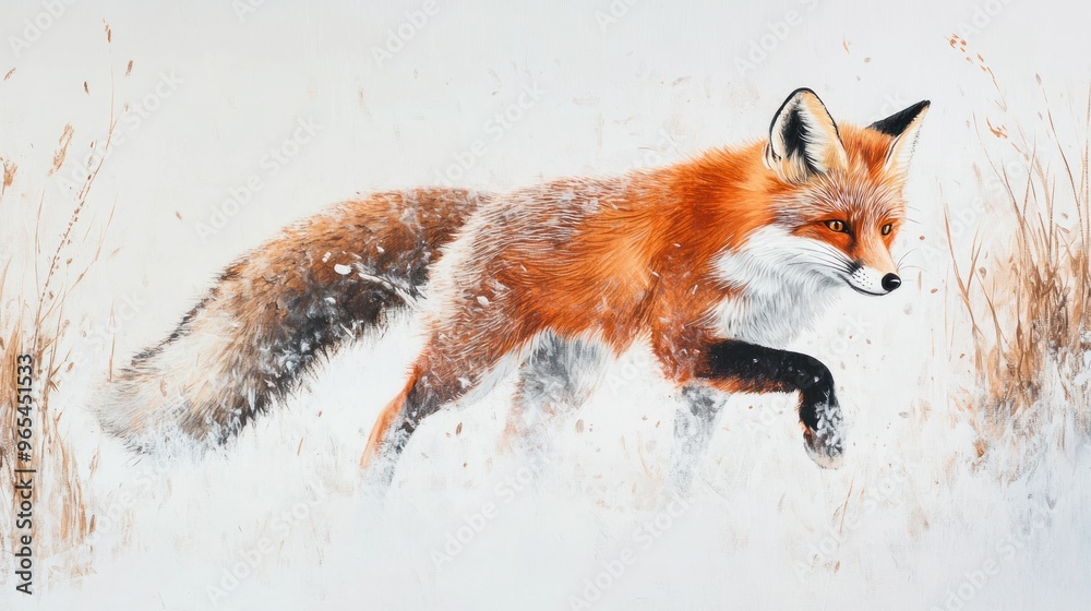 Fototapeta premium A Red Fox Running Through Snowy Grass