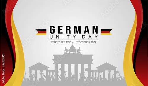 Celebration of German Unity Day 2024 with Crowd Happy People in front of Brandenburd Gate Gradient Banner. "Tag der Deutschen Einheit 2024". Translation : German Unity Day 2024 Vector Illustration