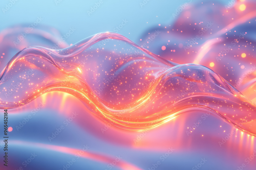 Abstract 3D shapes resembling liquid droplets with soft, elongated shadows and trailing neon lights in pink and orange, set against a pastel blue background, Abstract 3D shapes resembling liquid droplets with soft, elongated shadows and trailing neon lights in pink and orange, set against a pastel blue background,