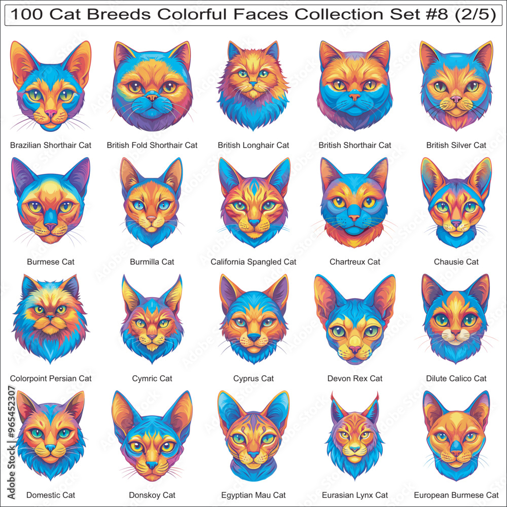 Cat Breeds Colorful Faces Collection Set of 100 Cat Faces Isolated Part 2 Cat Breeds Colorful Faces Collection Set of 100 Cat Faces Isolated Part 2