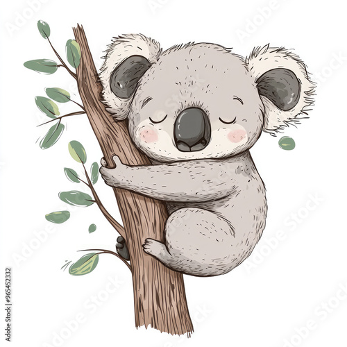 A sleepy koala hugging a tree simple doodle art style photo